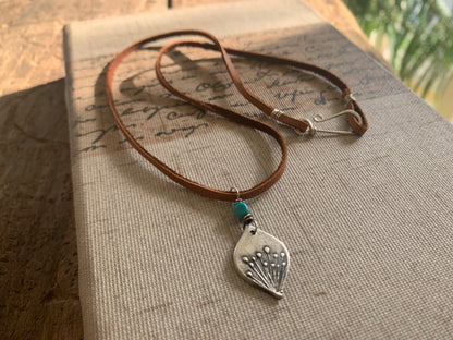 NEW Nelipot Necklace - Fine & Sterling Silver. Turquoise. Leather. Handmade. Botanical Pendant