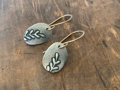 Farmer's Daughter Collection Earrings - Branch. Handmade. Oxidized fine silver and goldfill dangle earrings. Mixed Metal Earrings