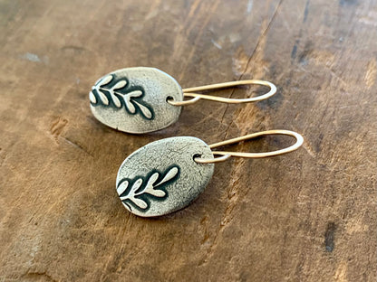 Farmer's Daughter Collection Earrings - Branch. Handmade. Oxidized fine silver and goldfill dangle earrings. Mixed Metal Earrings