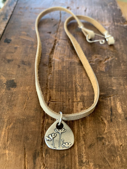 Farmer's Daughter Necklace - Fine & Sterling Silver. Leather. Handmade. Tear Drop Botanical Pendant