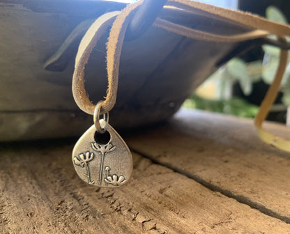 Farmer's Daughter Necklace - Fine & Sterling Silver. Leather. Handmade. Tear Drop Botanical Pendant
