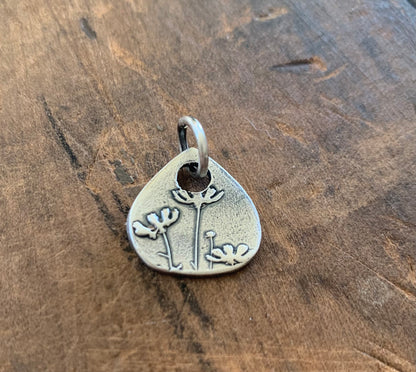 Farmer's Daughter Pendant - Handmade. Oxidized Fine Silver Tear Drop Botanical Pendant.