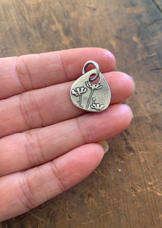 Farmer's Daughter Pendant - Handmade. Oxidized Fine Silver Tear Drop Botanical Pendant.