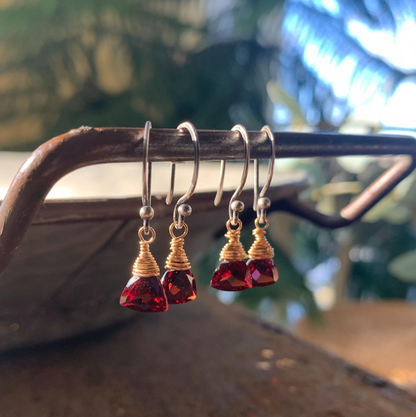 January Earrings - Handmade. Garnet. Mixed Metals. Oxidized Fine silver & 14 kt Goldfill dangle Earrings. One Pair.