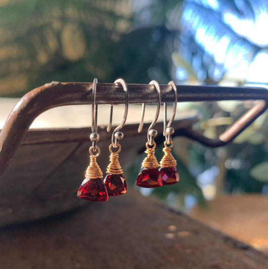 January Earrings - Handmade. Garnet. Mixed Metals. Oxidized Fine silver & 14 kt Goldfill dangle Earrings. One Pair.
