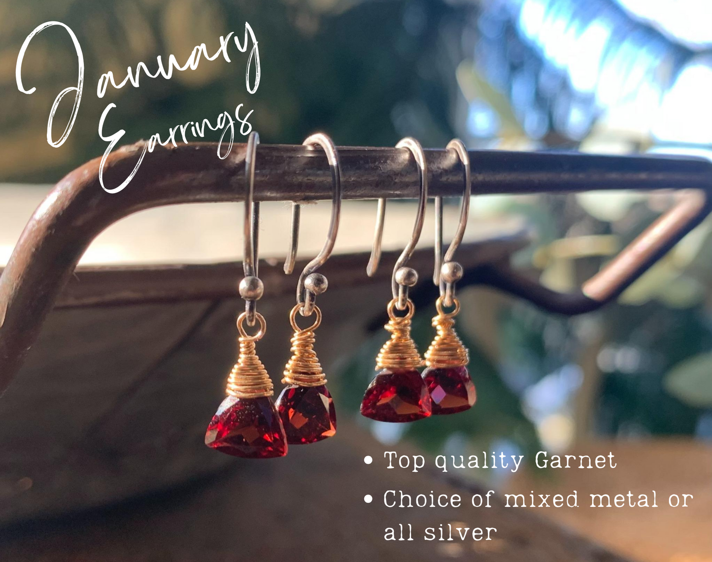 January Earrings - Handmade. Garnet. Mixed Metals. Oxidized Fine silver & 14 kt Goldfill dangle Earrings. One Pair.