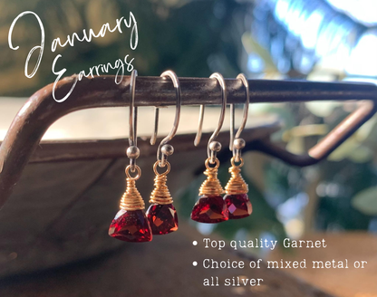 January Earrings - Handmade. Garnet. Mixed Metals. Oxidized Fine silver & 14 kt Goldfill dangle Earrings. One Pair.