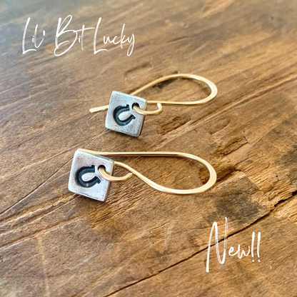 Lil' Bit Lucky Earrings - Handmade. Mixed Metal. 14kt Goldfill & Oxidized fine silver Horseshoe Dangle Earrings