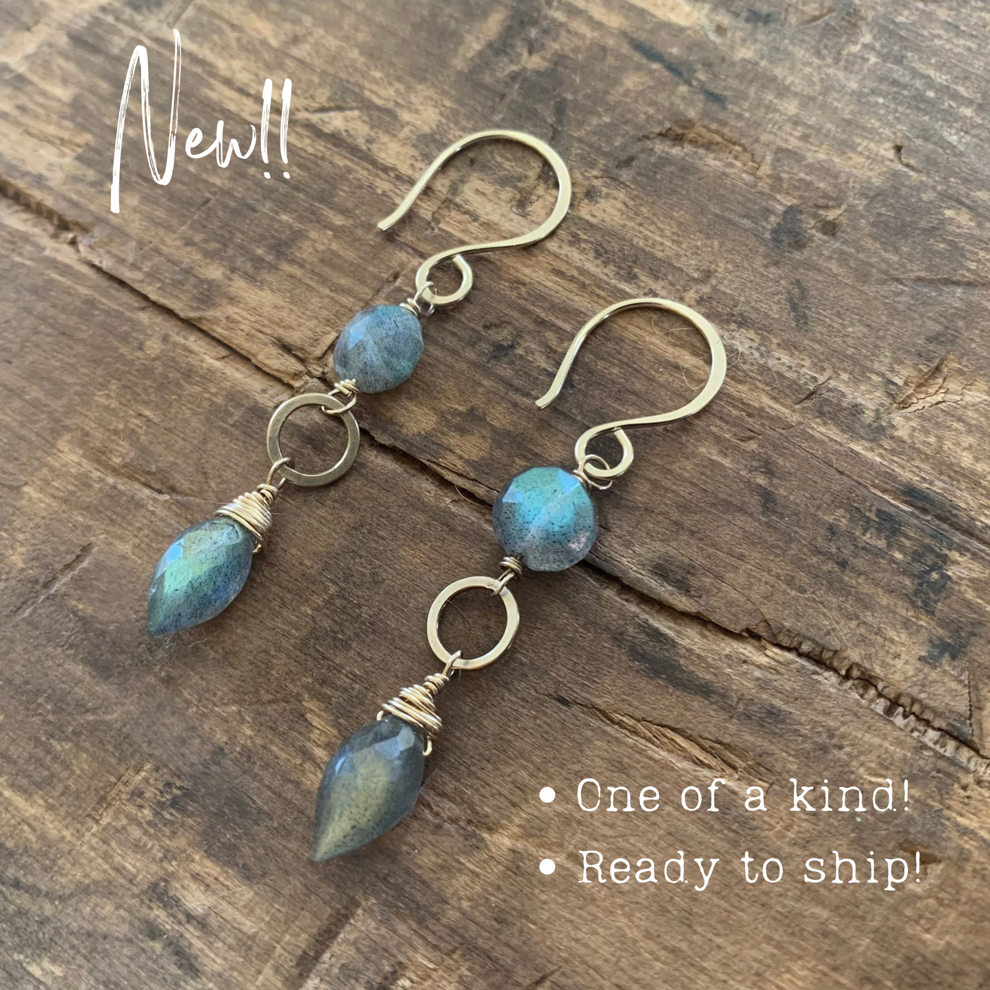 NEW - ONE of a KIND Labradorite 14kt Goldfill Handmade Dangle Earrings
