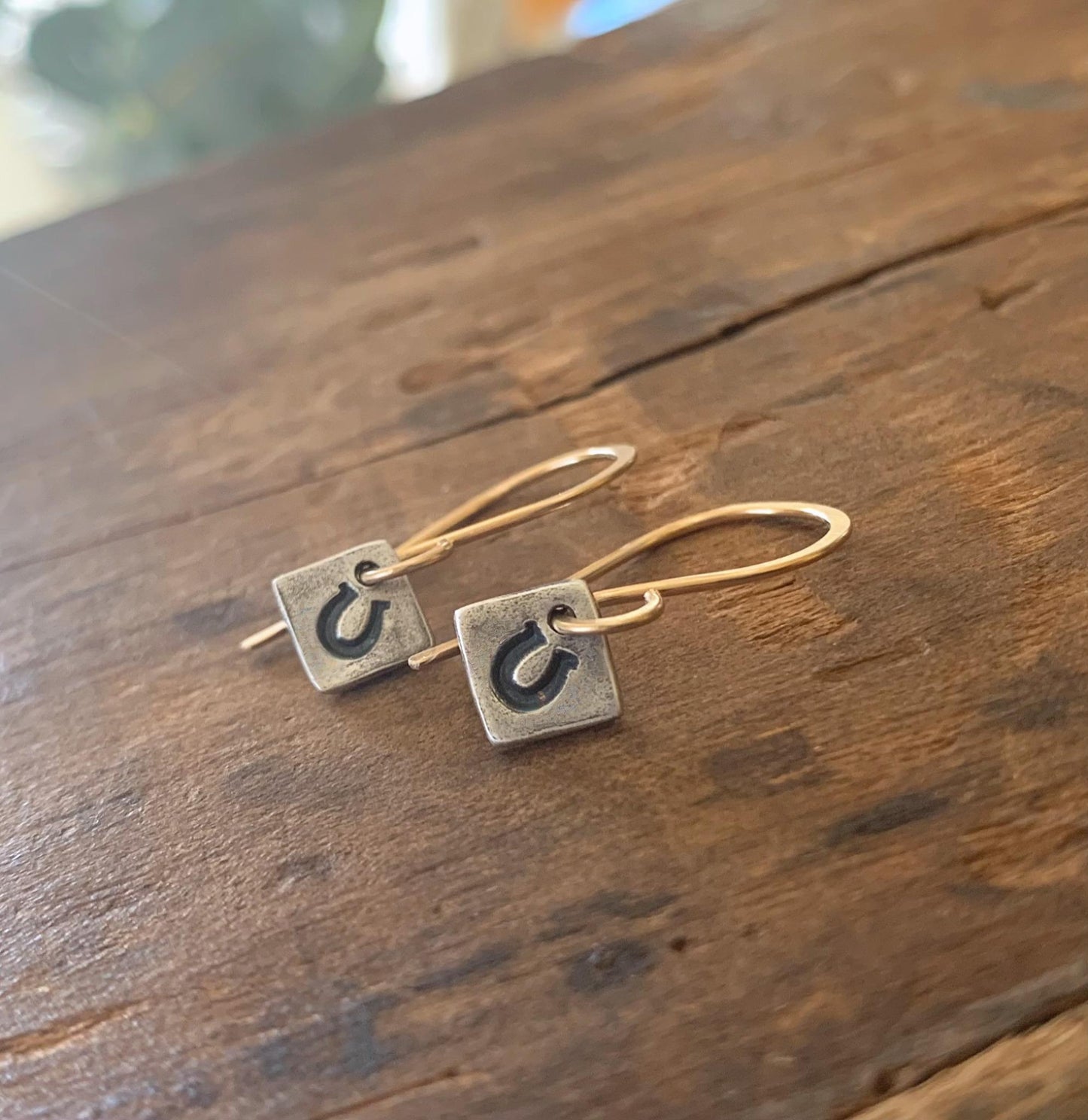 Lil' Bit Lucky Earrings - Handmade. Mixed Metal. 14kt Goldfill & Oxidized fine silver Horseshoe Dangle Earrings