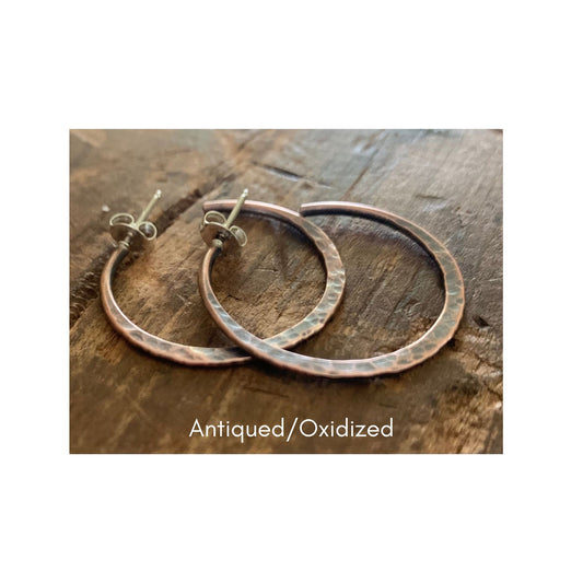 Copper Mangly Hoops with Post - Thick Gauge Copper & Sterling Silver Post Hoops. Handmade. Hammered. Light Weight Hoops