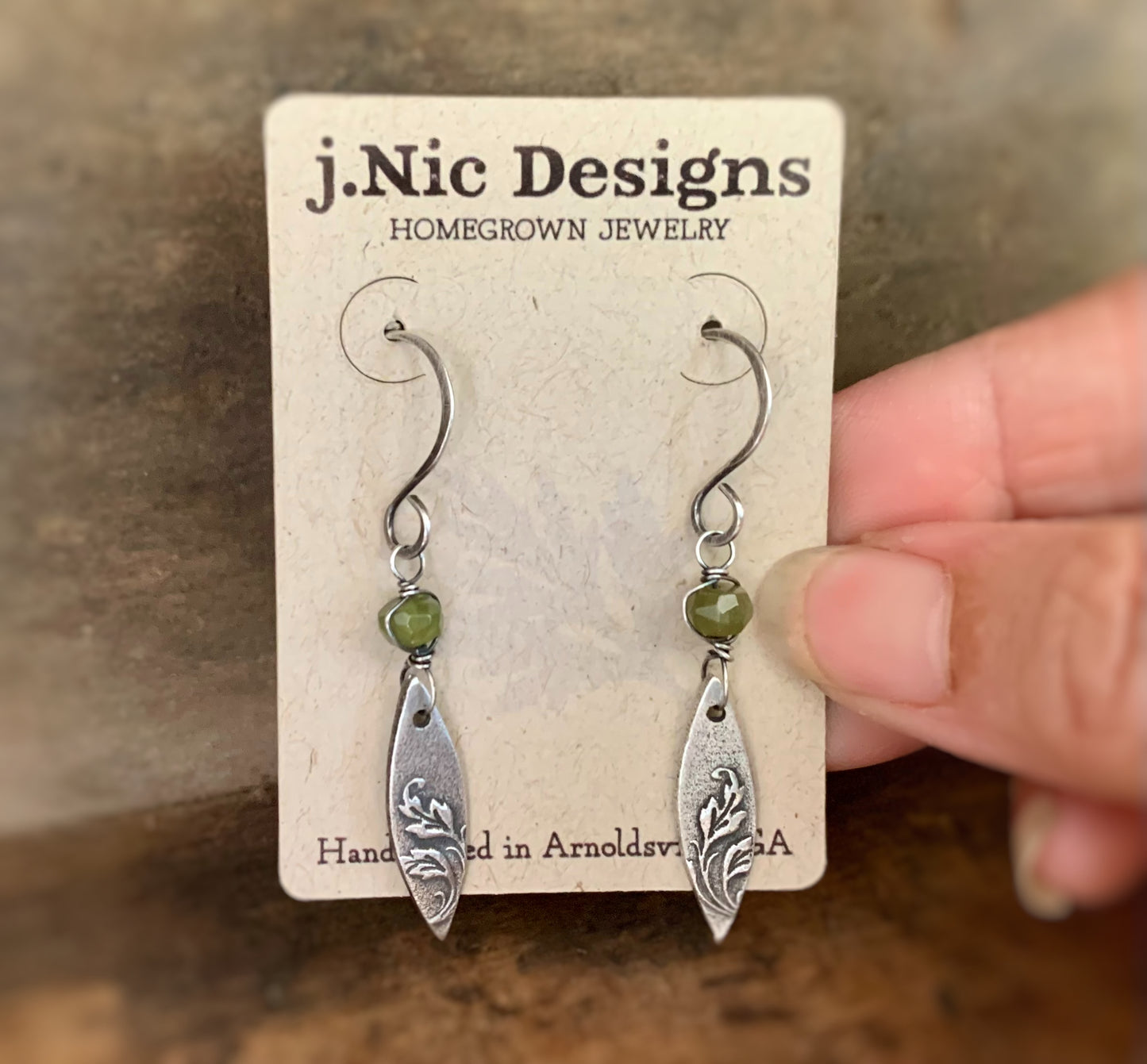 Feuilles Earrings  - Handmade. Wire wrapped Vesuvianite/ Idocrase. Oxidized fine silver dangle earrings.