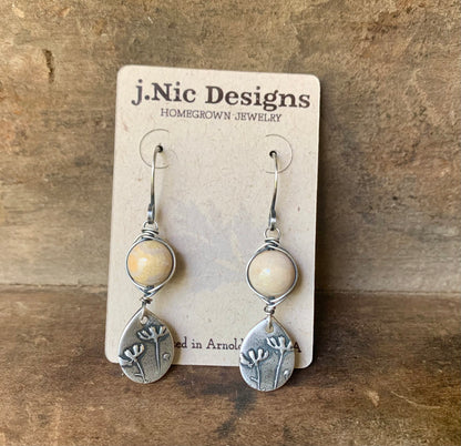 Farmer's Daughter Collection Earrings - Field. Handmade. Oxidized fine and sterling silver wire wrapped natural fossil coral dangle earrings