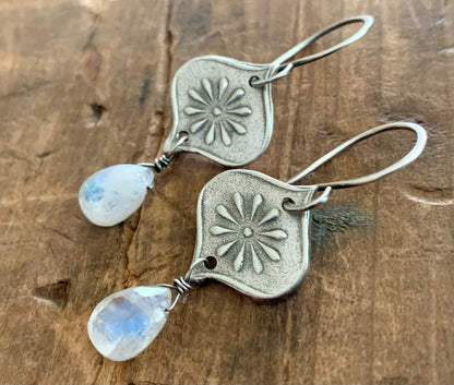 NEW Ponder Earrings - Oxidized fine and sterling silver. Rainbow Moonstone. Handmade dangle earrings