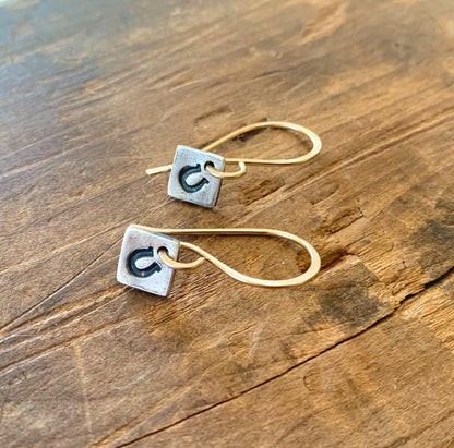 Lil' Bit Lucky Earrings - Handmade. Mixed Metal. 14kt Goldfill & Oxidized fine silver Horseshoe Dangle Earrings