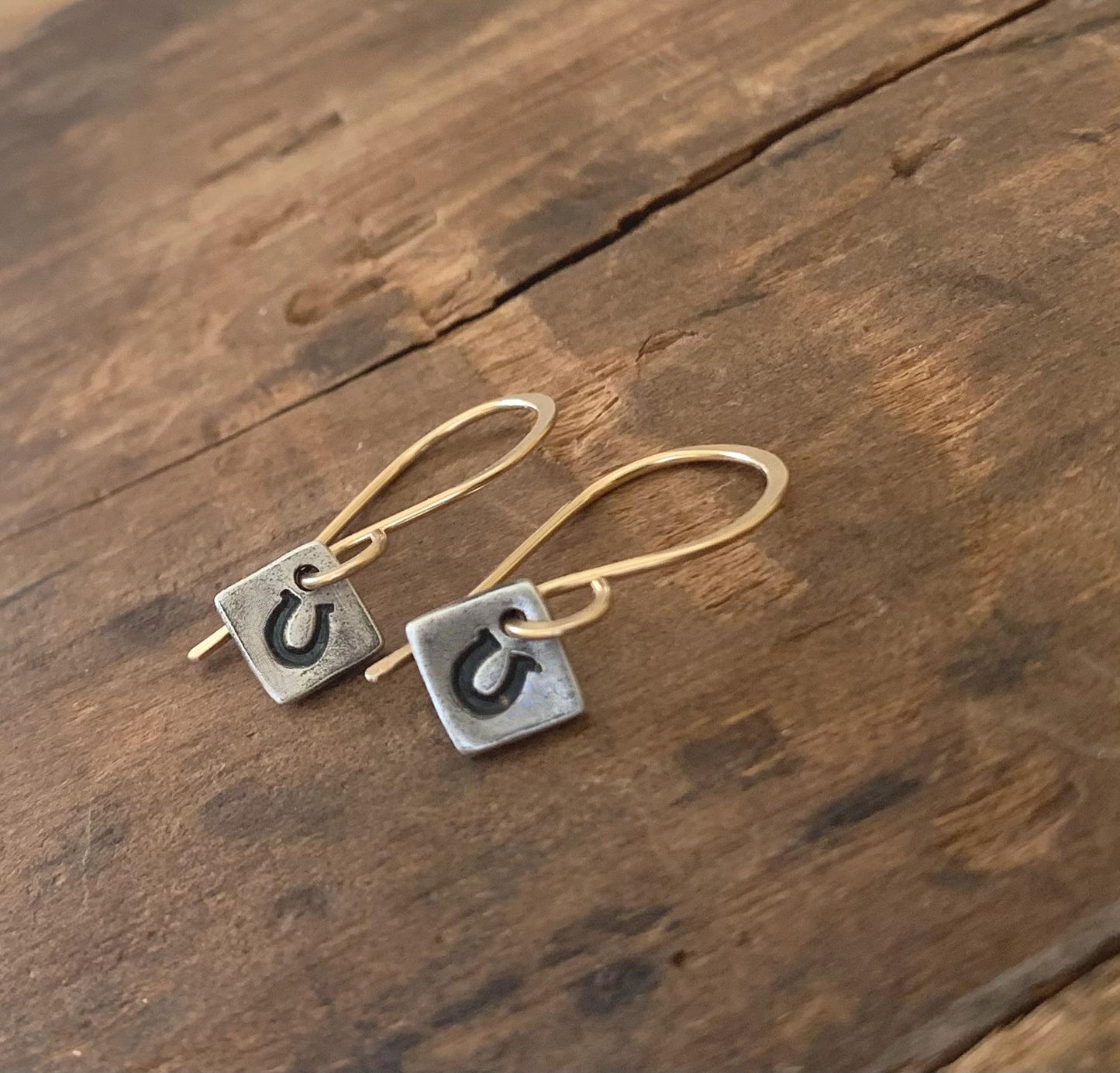 Lil' Bit Lucky Earrings - Handmade. Mixed Metal. 14kt Goldfill & Oxidized fine silver Horseshoe Dangle Earrings