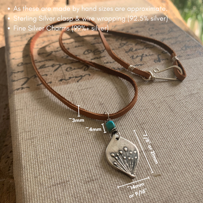 NEW Nelipot Necklace - Fine & Sterling Silver. Turquoise. Leather. Handmade. Botanical Pendant