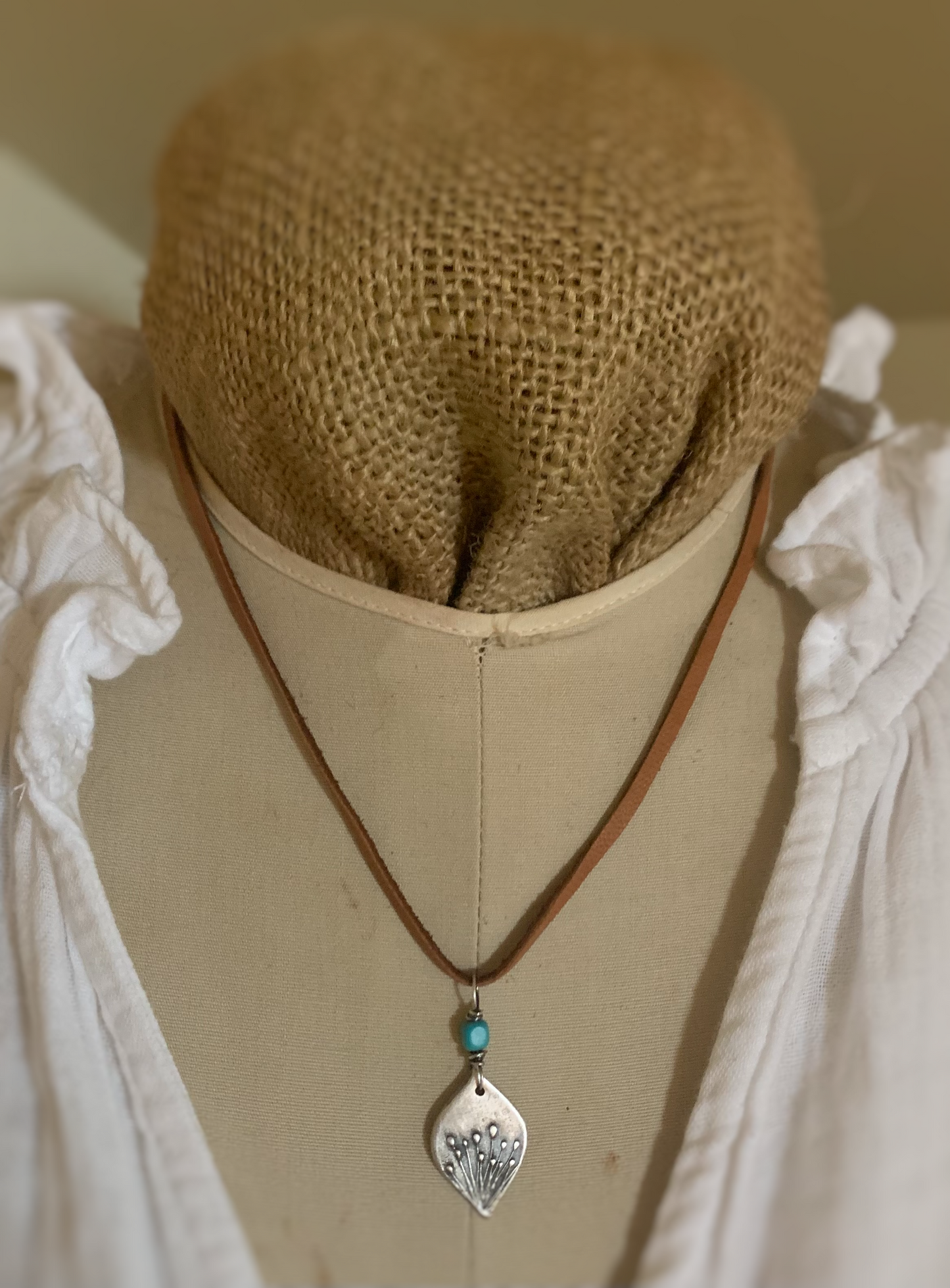 NEW Nelipot Necklace - Fine & Sterling Silver. Turquoise. Leather. Handmade. Botanical Pendant