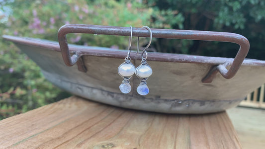 Scintilla - Oxidized sterling silver dangle Earrings. Wire Wrapped freshwater pearls and Moonstone. Handmade