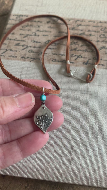 NEW Nelipot Necklace - Fine & Sterling Silver. Turquoise. Leather. Handmade. Botanical Pendant