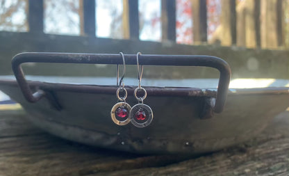 Halo Earrings - Handmade. Gemstones. Oxidized, Hammered Sterling Silver