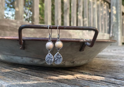 Farmer's Daughter Collection Earrings - Field. Handmade. Oxidized fine and sterling silver wire wrapped natural fossil coral dangle earrings