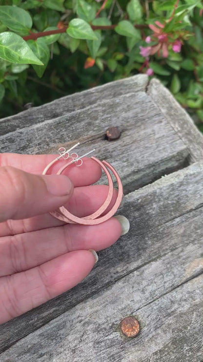 Copper Mangly Hoops with Post - Thick Gauge Copper & Sterling Silver Post Hoops. Handmade. Hammered. Light Weight Hoops