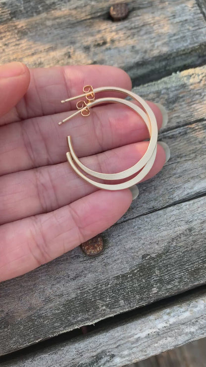 Satin Hoops Thick Gauge Post in 14kt Yellow or Rose Goldfill- Choice of 7 sizes. Handmade. Hammered.