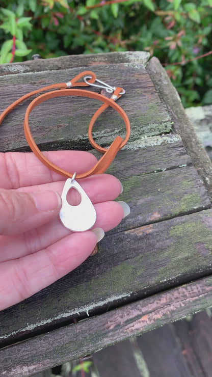 Minutiae Necklace - Fine & Sterling Silver. Leather. Handmade. Hammered Tear Drop Pendant
