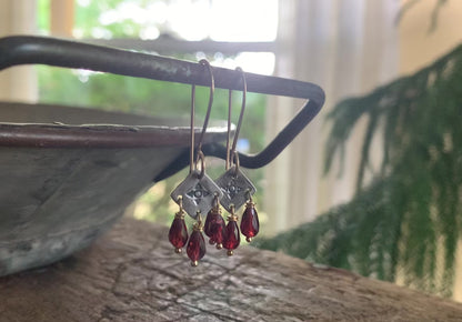 Traveler Earrings - Handmade. Mixed Metal. Garnet. Oxidized Fine Silver &14kt Goldfill dangle earrings. January Birthstone