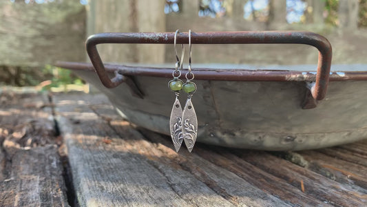 Feuilles Earrings  - Handmade. Wire wrapped Vesuvianite/ Idocrase. Oxidized fine silver dangle earrings.