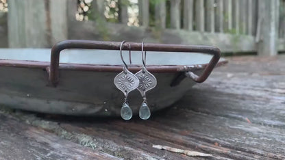 Muse Earrings - Oxidized fine and sterling silver. Moss Aquamarine. Handmade dangle earrings
