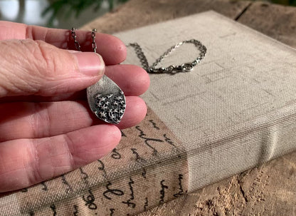 Queen Ann's Lace Pendant - Handmade. Oxidized Fine Silver Tear Drop Botanical Pendant.
