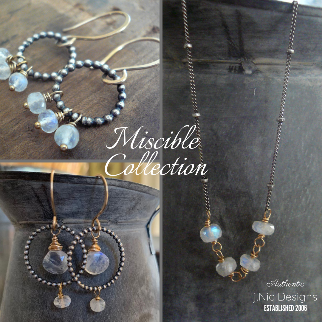 Miscible Collection Earrings - Handmade. Moonstone. Oxidized Sterling silver. 14kt Goldfill. Mixed Metal Earrings