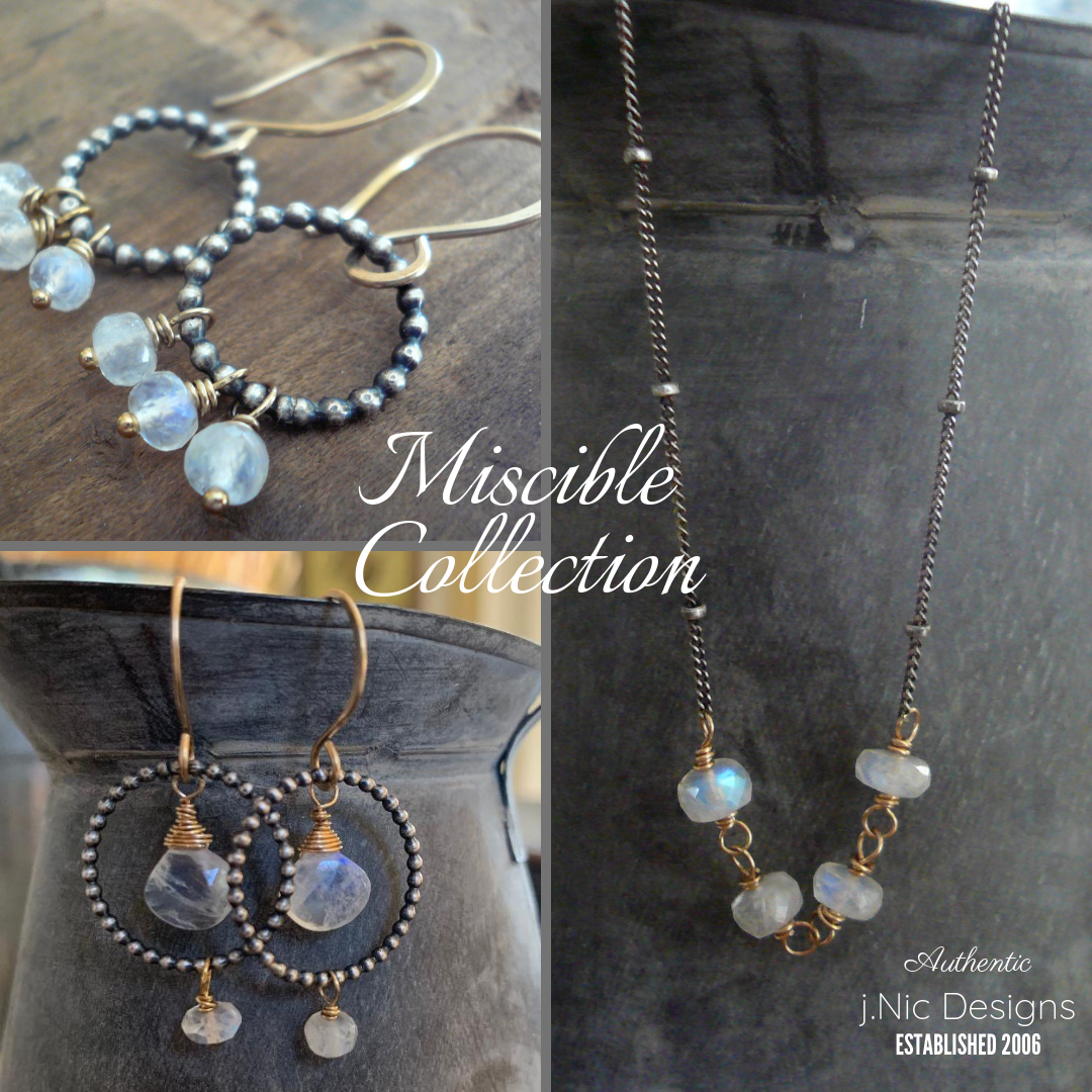 Miscible Trio Collection Earrings - Handmade. Moonstone. Oxidized Sterling silver. 14kt Goldfill. Mixed Metal Earrings