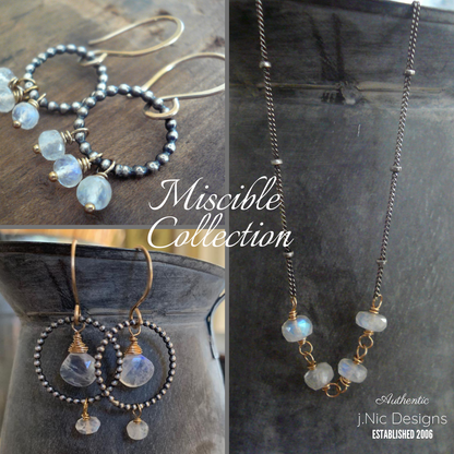 Miscible Trio Collection Earrings - Handmade. Moonstone. Oxidized Sterling silver. 14kt Goldfill. Mixed Metal Earrings