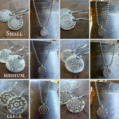 Medallion Earrings Large Style II - Handmade. Oxidized fine and sterling silver