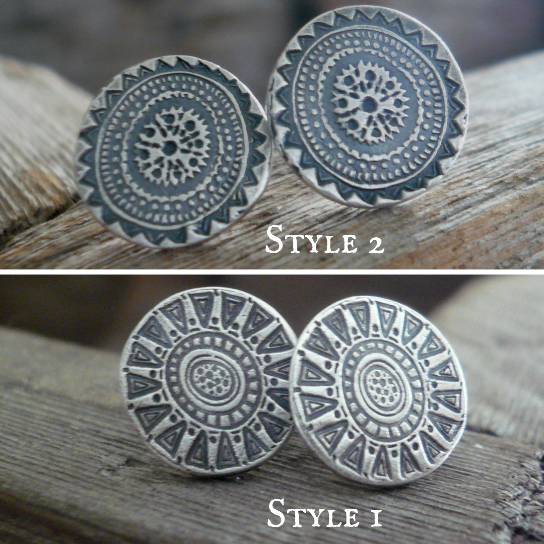 Medallion Style 1 Stud Earrings- Oxidized Sterling and Fine Silver Post Earrings. Handmade.