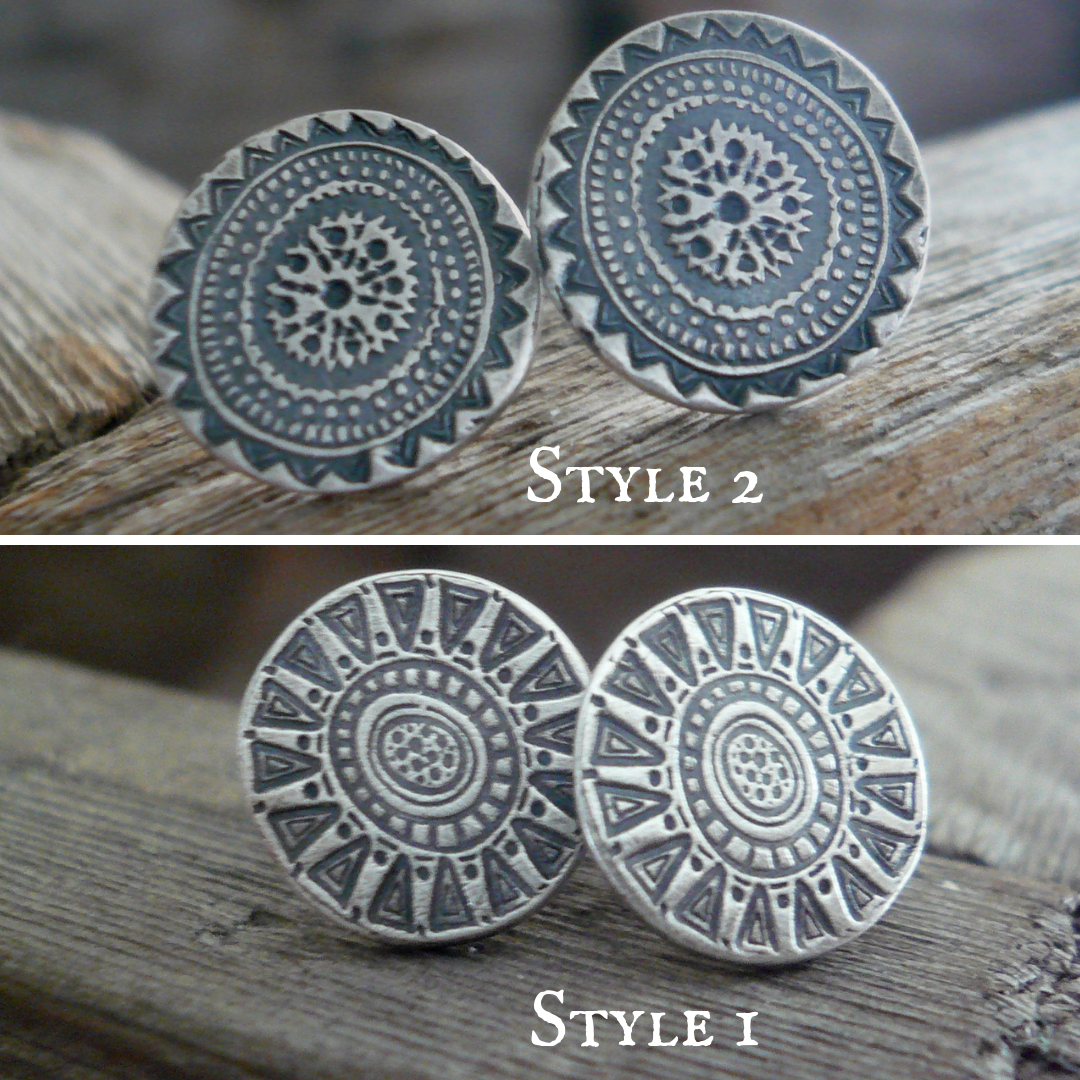 Medallion Style 2 Stud Earrings- Oxidized Sterling and Fine Silver Post Earrings. Handmade.