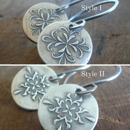 Medallion Earrings Medium Style II - Handmade. Oxidized fine and sterling silver