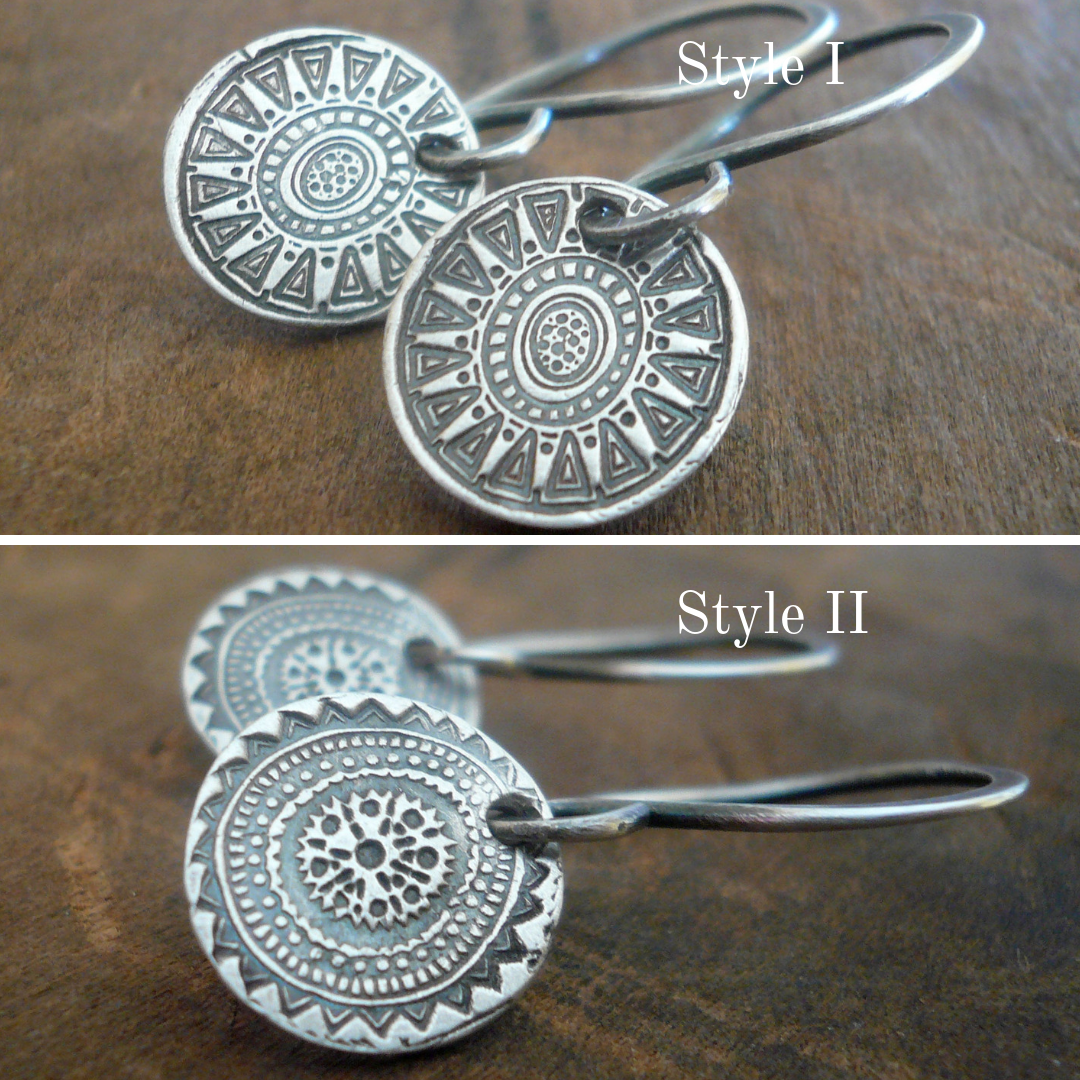 Medallion Earrings Small Style II - Handmade. Oxidized fine and sterling silver