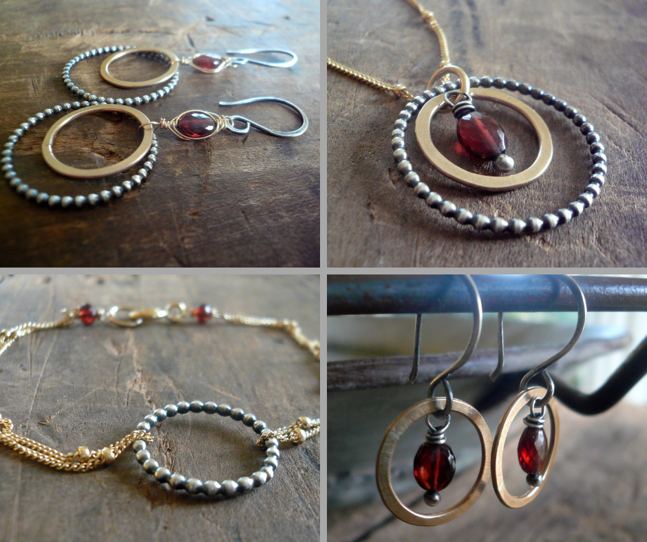 Rouge Collection Necklace - Garnet. Oxidized sterling silver and 14kt Goldfill. Handmade