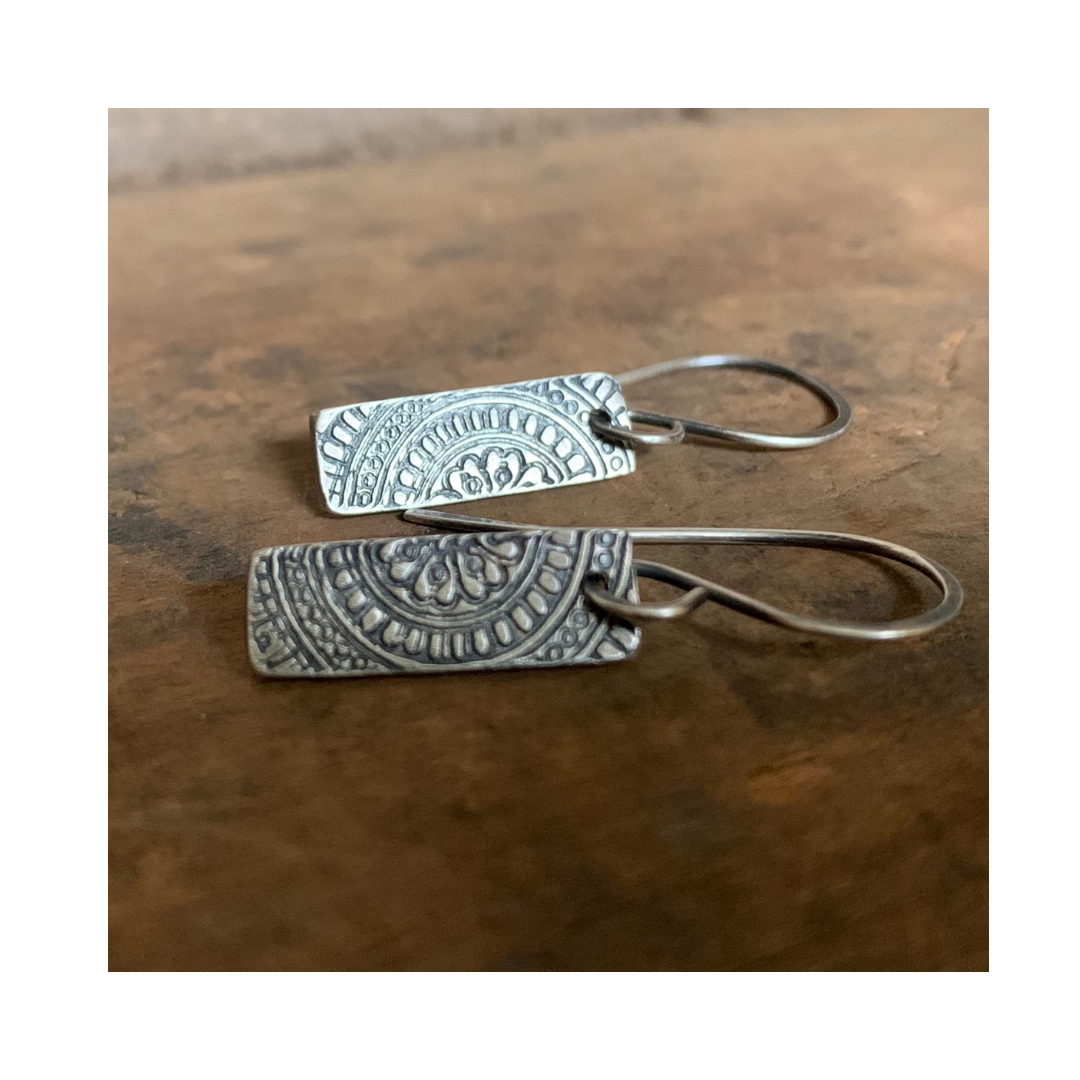 Mandala Tab Earrings - Handmade. Fine and Sterling Silver dangle earrings.