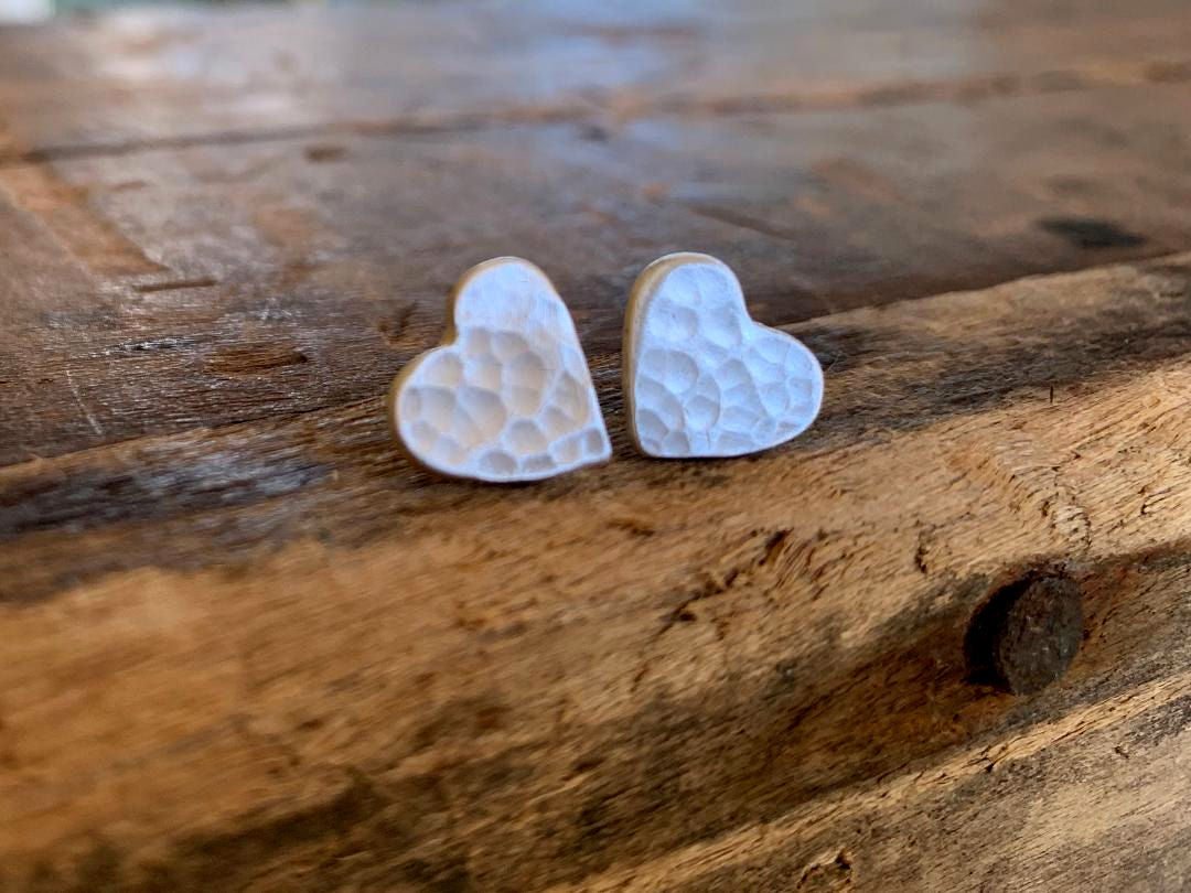 Amore Stud Earrings- Fine Silver Post Hammered Heart Earrings. Handmade.