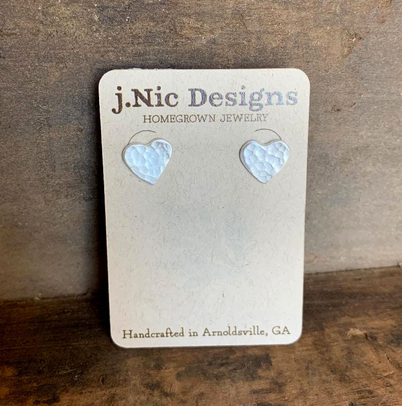 Amore Stud Earrings- Fine Silver Post Hammered Heart Earrings. Handmade.