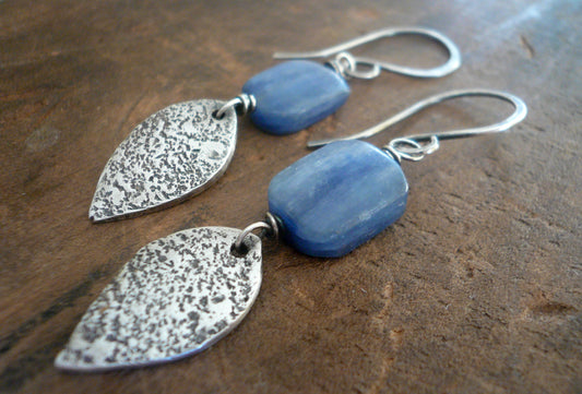 Cielo Earrings- Oxidized fine silver. Kyanite. Dangle earrings. Handmade
