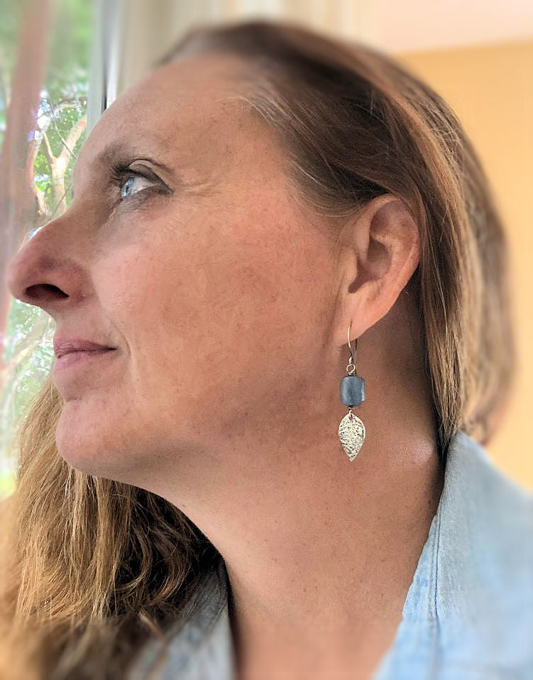 Cielo Earrings- Oxidized fine silver. Kyanite. Dangle earrings. Handmade