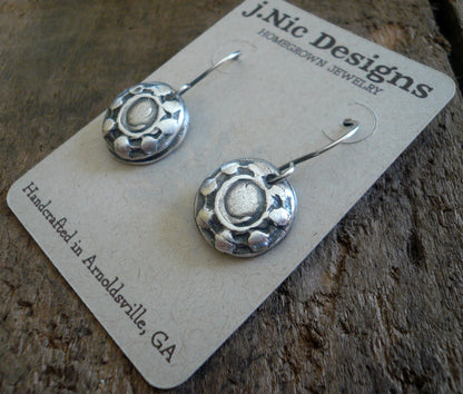 Concho Earrings - Handmade. Oxidized fine and sterling silver dangle earrings