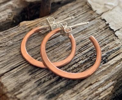 Copper Every Day Hoops with Post - Thick Gauge Copper & Sterling Silver Post Hoops. Handmade. Hammered. Light Weight Hoops