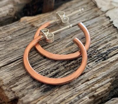 NEW Copper Every Day Hoops with Post - Thick Gauge Copper & Sterling Silver Post Hoops. Handmade. Hammered. Light Weight Hoops